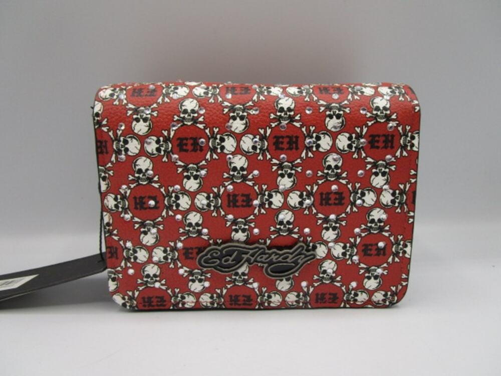 Ed Hardy Red Crossbody Bag Purse Skull & Crossbones AOP Biker Y2K